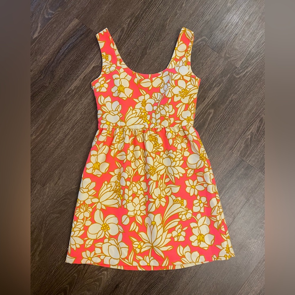 JB Julie Brown shift neon pink cream and yellow floral dress. Size 2 EUC